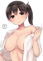 Rule 34 | 10s, 1girl, ?, absurdres, blush, breasts, brown eyes, brown hair, buta tamako, cleavage, collarbone, highres, kaga (kancolle), kantai collection, large breasts, looking at viewer, side ponytail, simple background, solo, spoken question mark, white background