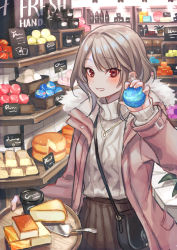 Rule 34 | 1girl, aran sweater, bag, blush, bottle, box, brown hair, cable knit, coat, container, fur collar, hand up, highres, holding, holding soap, holding tray, indoors, jewelry, long hair, long sleeves, looking at viewer, necklace, open mouth, original, parted bangs, plant, pleated skirt, red eyes, shelf, shirt tucked in, shop, shoulder bag, sign, skirt, smile, soap, solo, stack, suzaku (zaku6584), sweater, tray, turtleneck, turtleneck sweater, winter clothes