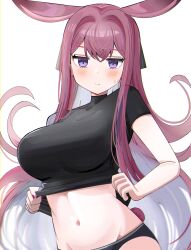 1girl absurdres animal_ears arknights black_shirt blush breasts closed_mouth clothes_lift cowboy_shot floating_hair groin hair_intakes highres large_breasts lifting_own_clothes long_hair midriff multicolored_hair navel pink_hair purple_eyes purple_hair ray_(arknights) shirt shirt_lift short_sleeves simple_background solo spam_(spamham4506) streaked_hair sweatdrop undressing very_long_hair white_background