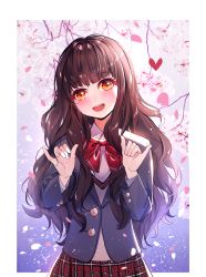 Rule 34 | 1girl, :d, absurdres, baocaizi, blazer, blue jacket, blush, bow, brown hair, collared shirt, commentary request, fingernails, hands up, head tilt, heart, highres, jacket, long hair, long sleeves, looking at viewer, minato asahi, nail polish, open mouth, orange eyes, petals, pink nails, plaid, plaid skirt, pleated skirt, red bow, red skirt, round teeth, school uniform, shirt, skirt, smile, solo, sweater vest, teeth, ultra series, ultraman r/b, upper teeth only, very long hair, white shirt