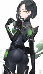 Rule 34 | 1girl, absurdres, animification, ass, black bodysuit, black hair, bob cut, bodysuit, chibirisu, gas mask, green eyes, highres, looking at viewer, looking back, mask, open mouth, short hair, simple background, skin tight, solo, valorant, viper (valorant), white background
