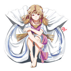 Rule 34 | 1girl, armor, artist name, barefoot, blonde hair, cape, collarbone, diadem, dress, feet, female focus, holding, holding clothes, holding dress, jewelry, legs, long hair, looking at viewer, looking up, neck, necklace, nintendo, pointy ears, princess zelda, red eyes, serious, short-sleeved dress, short sleeves, shoulder armor, simple background, sitting, super smash bros., the legend of zelda, the legend of zelda: a link between worlds, tiara, toenails, toes, tunic, white background, white cape, white dress, white tunic