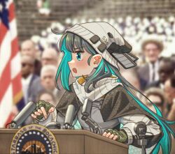 1girl american_flag beanie black_capelet blue_eyes blue_hair capelet fingerless_gloves gloves green_gloves grey_hair grey_jacket hat jacket lectern light_blush long_hair microphone multicolored_hair myvia_mokols open_mouth original people photo_background solo_focus spacex