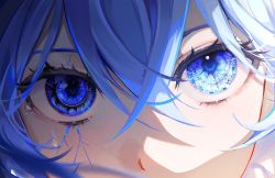 Rule 34 | 1girl, 58 (opal 00 58), absurdres, blue eyes, blue hair, blurry, blurry foreground, close-up, covered mouth, crossed bangs, eye focus, highres, light, light blush, looking at viewer, mismatched irises, mismatched pupils, original, sidelocks, solo, sunlight