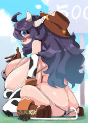 Rule 34 | 1girl, @ @, ahoge, anal, anal object insertion, anal tail, animal ears, animal print, arm support, ass, bare shoulders, between buttocks, bikini, breasts, breasts on lap, butt crack, butt plug, cow ears, cow girl, cow horns, cow print, cow tail, cowboy hat, cowboy shot, crazy eyes, creatures (company), fake animal ears, fake horns, fake tail, game freak, gigantic breasts, gloves, grass, hair between eyes, hat, hex maniac (pokemon), horns, huge ass, huge breasts, long hair, looking at viewer, looking to the side, matching hair/eyes, micro bikini, navel, nintendo, object insertion, open mouth, plump, pokemon, pokemon xy, print bikini, purple eyes, purple hair, sex toy, shaded face, shiny skin, sitting, skindentation, solo, swimsuit, tail, teeth, thong bikini, tongue, toudori, twitter username, upper teeth only, very long hair, wide hips