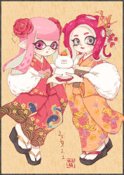 Rule 34 | 2019, 2girls, cat, cephalopod eyes, floral print, flower, food, fruit, grey eyes, hair flower, hair ornament, happy new year, highres, inkling, inkling girl, inkling player character, japanese clothes, judd (splatoon), kagami mochi, kimono, looking at viewer, mandarin orange, matchaneko, multiple girls, new year, nintendo, obi, octoling, octoling player character, open mouth, origami, paper crane, pink eyes, pink hair, pointy ears, red hair, salmonid, sash, smile, splatoon (series), splatoon 2, splatoon 2: octo expansion, suction cups, tentacle hair, tentacles
