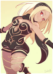 Rule 34 | 1girl, artist name, bare shoulders, black scarf, blonde hair, breasts, closed mouth, commentary, cowboy shot, darahan, dark-skinned female, dark skin, english commentary, gravity daze, headband, high heels, kitten (gravity daze), leotard, long hair, medium breasts, outstretched arms, red eyes, scarf, signature, simple background, smile, solo, spread arms, strapless, vambraces