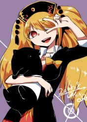 Rule 34 | 1girl, 2016, absurdres, adapted costume, alternate hairstyle, blonde hair, bow, cosplay, danganronpa (series), dated, enoshima junko, enoshima junko (cosplay), hat, highres, junko (touhou), long hair, looking at viewer, name connection, one eye closed, orange hair, red eyes, signature, smile, solo, suzu keika, tapir, touhou, twintails, v