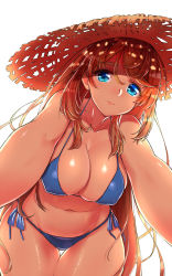Rule 34 | 1girl, bikini, blue bikini, blue eyes, breasts, cleavage, collarbone, covered erect nipples, hair between eyes, hat, highres, large breasts, leaning forward, lips, long hair, looking at viewer, navel, original, reaching, reaching towards viewer, red hair, smile, solo, stomach, straw hat, swimsuit, thigh gap, thighs, tiha, very long hair