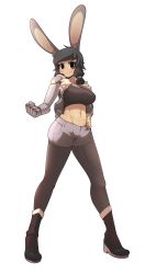 Rule 34 | 1girl, abs, absurdres, animal ears, black eyes, black footwear, black hair, black pantyhose, blush, boots, breasts, closed mouth, dark-skinned female, dark skin, emi (fizintine), fizintine, full body, hand on own hip, highres, jacket, large breasts, looking at viewer, mechanical arms, navel, original, pantyhose, rabbit ears, rabbit girl, short hair, short shorts, shorts, single mechanical arm, smile, solo, swept bangs, tan, toned, white background