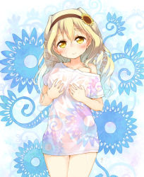 Rule 34 | 1girl, bad id, bad twitter id, blonde hair, blush, breast hold, breasts, collarbone, eyebrows, hair ornament, hairband, kito (sorahate), long hair, looking at viewer, off shoulder, original, see-through, grabbing own breast, solo, wet, yellow eyes