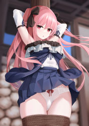 Rule 34 | 1girl, armpits, arms up, bare shoulders, blue skirt, blurry, blurry background, bow, bow panties, breasts, commentary request, depth of field, detached sleeves, eyebrows hidden by hair, groin, hair between eyes, highres, long hair, looking at viewer, medium breasts, onasuba, original, panties, parted lips, pink hair, pleated skirt, red eyes, restrained, rope, shirt, skirt, solo, two side up, underwear, very long hair, white panties, white shirt, white sleeves
