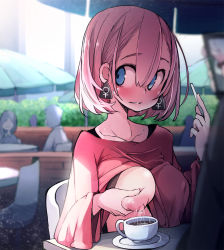 Rule 34 | 1girl, blouse, blue eyes, blush, bob cut, borrowed character, breast milk, breasts, cellphone, clothes lift, coffee, collarbone, covered erect nipples, cup, day, ear tag, flashing, hair between eyes, highres, lactating into container, lactation, large breasts, nipples, no bra, oppai challenge, original, outdoors, parted lips, phone, pink hair, pink shirt, public indecency, recording, saucer, shirt, shirt lift, sitting, smartphone, smile, solo focus, sweatdrop, takagi (tansuke), takagi seiniku