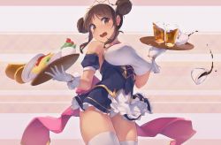 Rule 34 | 1girl, @ @, bare shoulders, blush, breasts, brown eyes, brown hair, cup, double bun, drinking glass, food, gloves, hair bun, highres, holding, holding tray, large breasts, long hair, looking at viewer, nitro (mugityaoisii), omelet, omurice, open mouth, princess connect!, sidelocks, suzume (princess connect!), thighhighs, thighs, tray, white gloves, white thighhighs