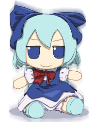Rule 34 | 1girl, absurdres, bloomers, blue dress, blue eyes, blue footwear, blue hair, cirno, closed mouth, collared shirt, dress, full body, fumo (doll), hair between eyes, highres, kame (kamepan44231), shirt, shoes, short hair, short sleeves, simple background, smile, solo, touhou, underwear, white background, white bloomers, white shirt