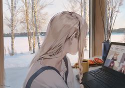 Rule 34 | 1girl, artist self-reference, bare tree, birch tree, braid, brown hair, commentary, computer, cup, day, elf, english commentary, food, indoors, laptop, long hair, looking at object, looking away, mug, original, pointy ears, sandwich, shirt, snow, solo, sunako (veera), suspenders, tomato, tree, upper body, video call, white shirt, window, winter