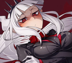 Rule 34 | 1girl, black necktie, black suit, blush, breasts, closed mouth, cluseller, demon girl, demon horns, formal, gloves, helltaker, horns, large breasts, long hair, long sleeves, looking at viewer, lucifer (helltaker), mole, mole under eye, necktie, pointy ears, red eyes, red shirt, shirt, solo, suit, tsurime, upper body, white gloves, white hair