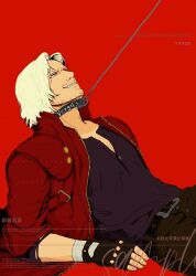 Rule 34 | 1boy, absurdres, animal collar, black collar, black gloves, blue eyes, coat, collar, collared shirt, dante (devil may cry), devil may cry (series), devil may cry 5, fingerless gloves, gloves, grin, highres, holding, leash, male focus, mature male, red coat, rumpp176289, shirt, smile, smug, solo, white hair