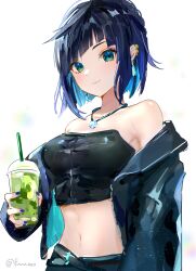 1girl absurdres bare_shoulders blue_hair blue_jacket blue_nails blunt_bangs breasts commentary_request fujito_(call_f_) genshin_impact green_eyes highres jacket large_breasts long_sleeves looking_at_viewer midriff nail_polish navel off_shoulder open_clothes open_jacket short_hair simple_background smile solo stomach strapless tube_top upper_body white_background yelan_(genshin_impact)