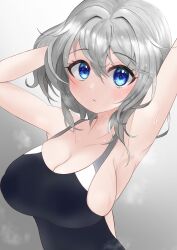 Rule 34 | 1girl, absurdres, armpits, arms up, blue eyes, blush, breasts, check commentary, cleavage, collarbone, commentary, commentary request, competition swimsuit, gradient background, grey background, grey hair, hair between eyes, hand in own hair, highres, kion (namarock8686), large breasts, looking at viewer, messy hair, one-piece swimsuit, original, sideboob, simple background, smell, steam, steaming body, sweat, swimsuit, upper body, wet