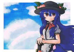 Rule 34 | 1girl, absurdres, apron, black hat, blue hair, blue skirt, blue sky, border, bow, bowtie, center frills, closed mouth, cloud, cloudy sky, collared shirt, commentary, cowboy shot, english commentary, expressionless, frills, hands on hilt, hat, highres, hinanawi tenshi, iesonatana, leaf hat ornament, long hair, looking to the side, outside border, peach hat ornament, puffy short sleeves, puffy sleeves, red bow, red bowtie, red eyes, shirt, short sleeves, sideways glance, skirt, sky, solo, standing, touhou, waist apron, white apron, white border, white shirt