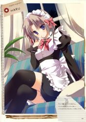 Rule 34 | 1girl, absurdres, black thighhighs, blue eyes, brown hair, curtains, finger to mouth, harukaze chiharu, hayate no gotoku!, highres, juliet sleeves, legs, long sleeves, maid, puffy sleeves, sesena yau, sitting, solo, thighhighs, window