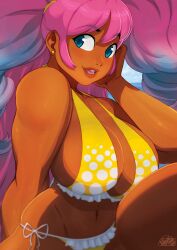 Rule 34 | 1girl, beach, bikini, blue eyes, blue hair, breasts, cleavage, commentary, commission, dark-skinned female, dark skin, earrings, english commentary, highres, jewelry, large breasts, ming-ming, multicolored hair, original, pink hair, plump, shorts, smile, solo, swimsuit, thick thighs, thighs, tovio rogers, two-tone hair