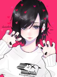Rule 34 | 1girl, absurdres, bad id, bad pixiv id, black eyes, black nails, chain, ear piercing, heart, highres, long sleeves, looking at viewer, mano aaa, multicolored nails, nail polish, original, piercing, pig print, pink background, red lips, short hair, solo, sweater, white nails, white sweater