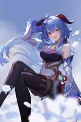 Rule 34 | 03 urii, 1girl, ahoge, arm up, bare shoulders, bell, black pantyhose, blue flower, blue hair, breasts, covered navel, crossed legs, detached sleeves, flower, ganyu (genshin impact), genshin impact, glaze lily, gold trim, highres, horns, long hair, looking at viewer, medium breasts, neck bell, pantyhose, parted lips, purple eyes, sidelocks, sitting, smile, solo, thighlet, vision (genshin impact), white sleeves