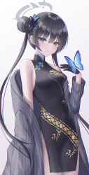 Rule 34 | 1girl, blue archive, bug, butterfly, butterfly hair ornament, china dress, chinese clothes, covered navel, dragon print, dress, gradient background, grey background, grey eyes, grey jacket, hair bun, hair ornament, halo, highres, incest, insect, jacket, kisaki (blue archive), long hair, looking at viewer, print dress, seungju lee, sleeveless, sleeveless dress, solo, striped clothes, striped jacket, twintails, vertical-striped clothes, vertical-striped jacket