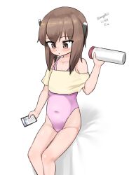 Rule 34 | 1girl, absurdres, alternate costume, brown eyes, brown hair, cellphone, dated, feet out of frame, flat chest, headgear, highres, kantai collection, leotard, maru (marg0613), one-hour drawing challenge, phone, pink leotard, reading, shirt, short hair, simple background, sitting, smartphone, solo, taihou (kancolle), tube, twitter username, white background, yellow shirt