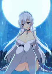 Rule 34 | 1girl, azur lane, bad id, bad tumblr id, belfast (azur lane), blue eyes, blush, breasts, chain, choker, cleavage, closed mouth, collarbone, grey hair, large breasts, long hair, looking at viewer, maid headdress, night, outdoors, sitting, smile, solo, thighhighs, tongue, tongue out, tp (kido 94), white thighhighs