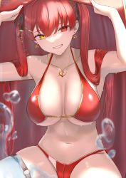 Rule 34 | 1girl, absurdres, armpits, bikini, black ribbon, breasts, bridal garter, clenched teeth, dated, earrings, hair ornament, hair ribbon, hairclip, heart, heart earrings, heart necklace, heterochromia, highres, hololive, houshou marine, houshou marine (summer), jewelry, large breasts, looking at viewer, necklace, o-ring, o-ring thigh strap, red bikini, red eyes, ribbon, rushian, smile, solo, swimsuit, teeth, thigh strap, twitter username, virtual youtuber, wet, yellow eyes