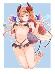 Rule 34 | 1girl, :3, ankle strap, bare arms, bare legs, bare shoulders, bikini, blue background, blush, border, breasts, bright pupils, closed mouth, commentary request, dark angel olivia, drawstring, flower, full body, granblue fantasy, hair flower, hair ornament, hair spread out, hibiscus, high heels, highres, ice cream cone, jitome, legs, legs together, legs up, light blush, long hair, lowleg, lowleg bikini, medium breasts, mibushido (milking), multi-strapped bikini, navel, no nose, off shoulder, olivia (summer) (granblue fantasy), outline, outside border, pink hair, sandals, sketch, solo, stomach, strappy heels, swimsuit, thigh gap, v-shaped eyebrows, w arms, wardrobe malfunction, white border, white outline, white pupils