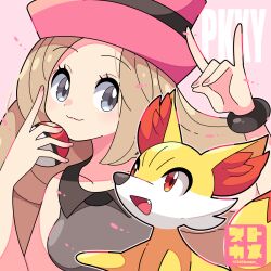 Rule 34 | 1girl, blonde hair, breasts, closed mouth, collared shirt, commentary request, creatures (company), eyelashes, fennekin, fox shadow puppet, game freak, gen 6 pokemon, grey eyes, hands up, hat, highres, holding, holding poke ball, long hair, medium breasts, nintendo, pink headwear, poke ball, poke ball (basic), pokemon, pokemon (creature), pokemon xy, serena (pokemon), shirt, sleeveless, sleeveless shirt, smile, sutokame