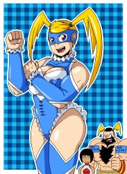 Rule 34 | 1990s (style), 1boy, 2girls, beard, black hair, blonde hair, blue background, blue eyes, breasts, checkered background, cheering, chibi, chibi inset, cleavage, facial hair, flag, highres, large breasts, leotard, long hair, mask, mohawk, multiple girls, plaid, plaid background, rainbow mika, retro artstyle, short hair, simple background, solo focus, street fighter, street fighter v, street fighter zero (series), topless male, twintails, wrestling outfit, yamato nadeshiko (street fighter), zangief