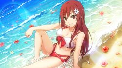 Rule 34 | 1girl, 22/7, 22/7 ongaku no jikan, beach, bikini, breasts, cleavage, closed mouth, collarbone, flower, from above, game cg, hair flower, hair ornament, hibiscus, highres, knee up, layered bikini, lens flare, long hair, looking at viewer, medium breasts, navel, non-web source, ocean, official art, outdoors, pink flower, red bikini, red eyes, red flower, red hair, sandals, sato reika, seashell, shell, sidelocks, smile, solo, sparkle, straight hair, swimsuit, white bikini, white flower, white footwear