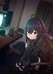 Rule 34 | 1girl, ahoge, black gloves, black hair, black thighhighs, blurry, camouflage hoodie, closed mouth, commentary request, commission, crossed bangs, curtains, dated commentary, depth of field, facing viewer, fang, fingerless gloves, flower pot, gloves, green eyes, highres, hood, hood down, indoors, light blush, long bangs, long hair, looking afar, on chair, original, own hands together, plant, poster (object), potted plant, shinopoko, skeb commission, solo, squatting, table, thighhighs, window, wooden table