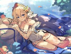 Rule 34 | 1girl, bare shoulders, blonde hair, blue eyes, boots, breasts, cleavage, closed mouth, clothing cutout, collarbone, diadem, dress, europa (granblue fantasy), feet out of frame, flower, granblue fantasy, hair flower, hair ornament, kingyo 114, long hair, looking at viewer, medium breasts, partially submerged, petals, petals on liquid, smile, solo, strapless, strapless dress, water, white dress