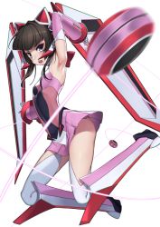 Rule 34 | 1girl, arm up, armpits, black hair, blunt bangs, blush, breasts, commentary request, elbow gloves, gauntlets, gloves, leotard, long hair, looking at viewer, open mouth, pink eyes, pink gloves, senki zesshou symphogear, shiny skin, simple background, small breasts, solo, teeth, thighhighs, tsukamoto kensuke, tsukuyomi shirabe, twintails, white background, white thighhighs, yo-yo