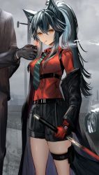 Rule 34 | 1girl, 1other, absurdres, animal ears, arknights, black footwear, black hair, black jacket, black shorts, breasts, collared shirt, gawako, gloves, grey sky, hair between eyes, highres, holding, holding sword, holding weapon, jacket, long hair, long sleeves, looking at viewer, medium breasts, off shoulder, official alternate costume, open clothes, open jacket, out of frame, outdoors, ponytail, red eyes, red gloves, red shirt, shirt, shorts, sidelocks, sky, solo focus, sword, tail, texas (arknights), texas (willpower) (arknights), thigh strap, watch, weapon, wolf ears, wolf girl, wolf tail, wristwatch