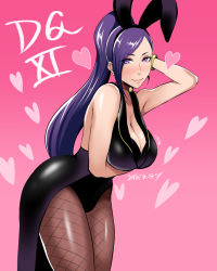 Rule 34 | 1girl, animal ears, bare shoulders, bracelet, breasts, cleavage, dragon quest, dragon quest xi, earrings, fake animal ears, fishnet pantyhose, fishnets, heart, jewelry, large breasts, long hair, looking at viewer, martina (dq11), pantyhose, pink background, playboy bunny, ponytail, puff puff, purple eyes, purple hair, rabbit ears, rabbit girl, shibusun, simple background, smile, solo, square enix