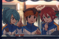 Rule 34 | 3boys, :d, asada hachi, blurry, blurry background, brown eyes, brown hair, character request, check character, commentary, endou mamoru, green eyes, green hair, hair between eyes, hair over one eye, hand up, headband, ice cream cone, ice cream cup, inazuma eleven, inazuma eleven (series), index finger raised, jacket, kazemaru ichirouta, kiyama hiroto, long hair, looking at viewer, looking down, male focus, multiple boys, open mouth, orange headband, ponytail, red eyes, red hair, short hair, smile, symbol-only commentary, teeth, track jacket, upper body, upper teeth only