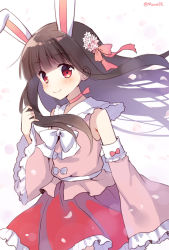 Rule 34 | 1girl, adapted costume, animal ears, belt, black hair, blouse, blunt bangs, bow, bowtie, choker, closed mouth, cowboy shot, detached sleeves, floating hair, flower, frilled skirt, frilled sleeves, frills, hair flower, hair ornament, hime cut, houraisan kaguya, long hair, looking at viewer, mauve, one-hour drawing challenge, petals, pink bow, pink ribbon, pink shirt, rabbit ears, red skirt, ribbon, ribbon choker, shirt, skirt, smile, solo, standing, touhou, twitter username, white background, white belt, white bow, white bowtie, wide sleeves
