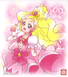 Rule 34 | 1girl, :d, blonde hair, blue eyes, bow, choker, collarbone, cure flora, dress, earrings, gloves, go! princess precure, gradient hair, haruno haruka, highres, jewelry, long hair, looking at viewer, multicolored hair, official art, open mouth, parted bangs, pink bow, pink dress, pink hair, precure, short sleeves, smile, solo, standing, very long hair, white gloves, white sleeves