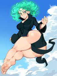 Rule 34 | 1girl, absurdres, ass, breasts, cloud, curly hair, feet, fingernails, flying, forehead, green hair, highres, looking at viewer, nail polish, nezulet, no panties, one-punch man, shiny skin, short hair, sky, small breasts, soles, solo, tatsumaki, thighs, toes