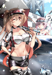 Rule 34 | 2girls, alternate costume, bandeau, black skirt, boots, breasts, brown eyes, car, gradient hair, harusame (kancolle), highres, holding, holding umbrella, kantai collection, large breasts, light brown hair, long hair, miniskirt, motor vehicle, multicolored hair, multiple girls, murasame (kancolle), murasame kai ni (kancolle), navel, one eye closed, pink hair, race queen, red eyes, side ponytail, skirt, strapless, thigh boots, thighhighs, two side up, umbrella, very long hair, visor cap, yo-suke