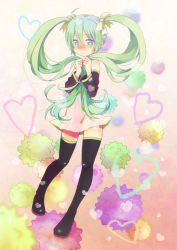 Rule 34 | 1girl, ahoge, aqua eyes, bad id, bad pixiv id, blush, boots, bow, candy, detached sleeves, dress, food, full body, green hair, hair bow, hatsune miku, heart, holding, holding own hair, konpeitou, legs, long hair, nose blush, sakuro, solo, star-shaped pupils, star (symbol), symbol-shaped pupils, thigh boots, thighhighs, twintails, very long hair, vocaloid