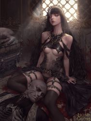 Rule 34 | 1girl, absurdres, arm support, bald, bare shoulders, black hair, black legwear, black panties, blood, breasts, breasts apart, copyright name, corpse, death, dospi, goat, highres, legend of the cryptids, lips, long hair, looking at viewer, medium breasts, multicolored hair, official art, panties, priest, revealing clothes, ribs, sitting, solo, two-tone hair, underboob, underwear, white hair, window