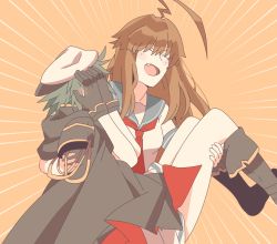 Rule 34 | 10s, 2girls, armor, blush, brown hair, cape, carrying, covering face, embarrassed, closed eyes, fang, green hair, kantai collection, kiso (kancolle), kuma (kancolle), long hair, multiple girls, open mouth, pauldrons, princess carry, remodel (kantai collection), salve (8947279), school uniform, short hair, shoulder armor, yuri